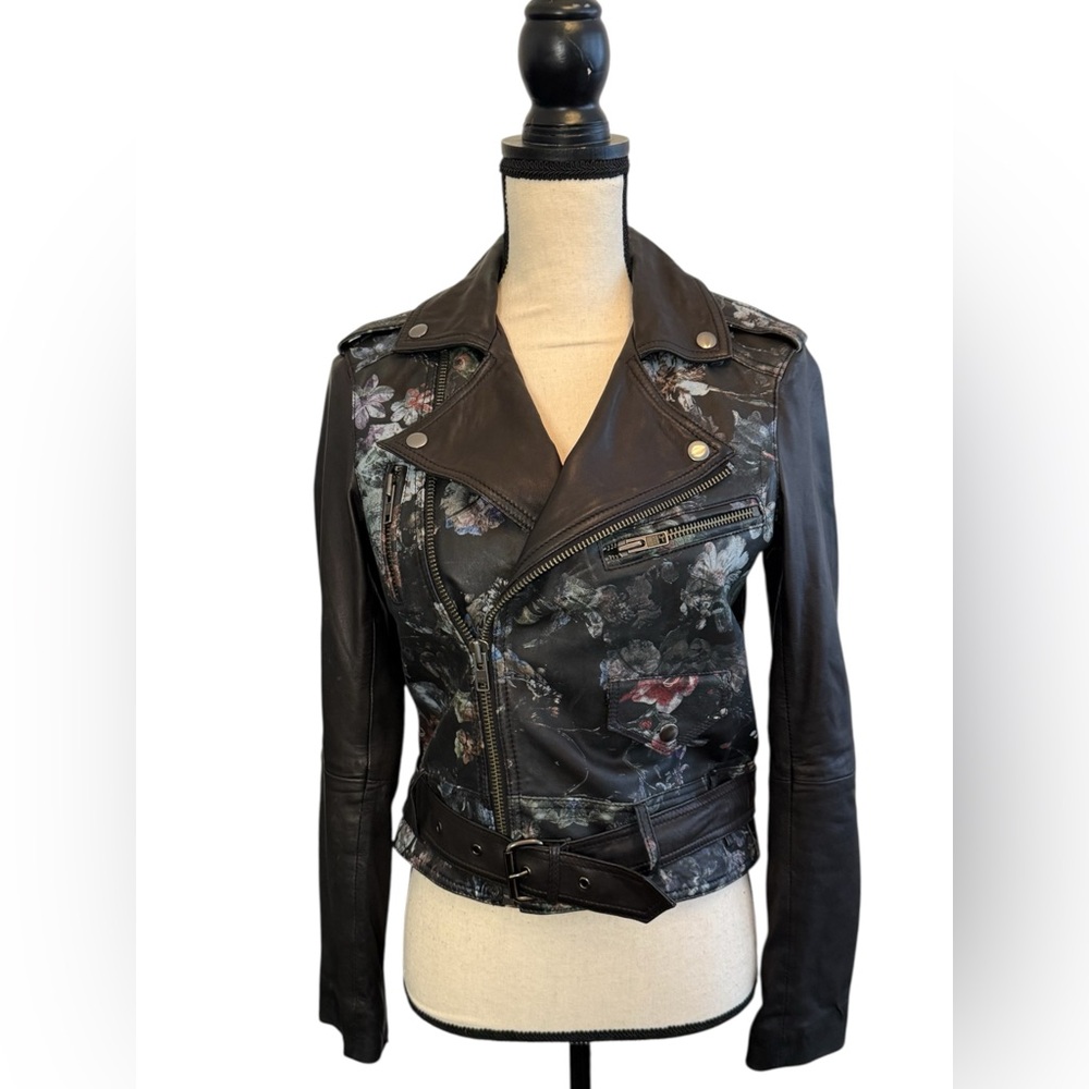 Parker Black Floral Leather Biker Moto STYLE Women's Jacket Small
